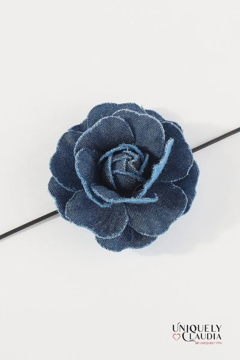 Denim Rose & Vegan Leather Choker