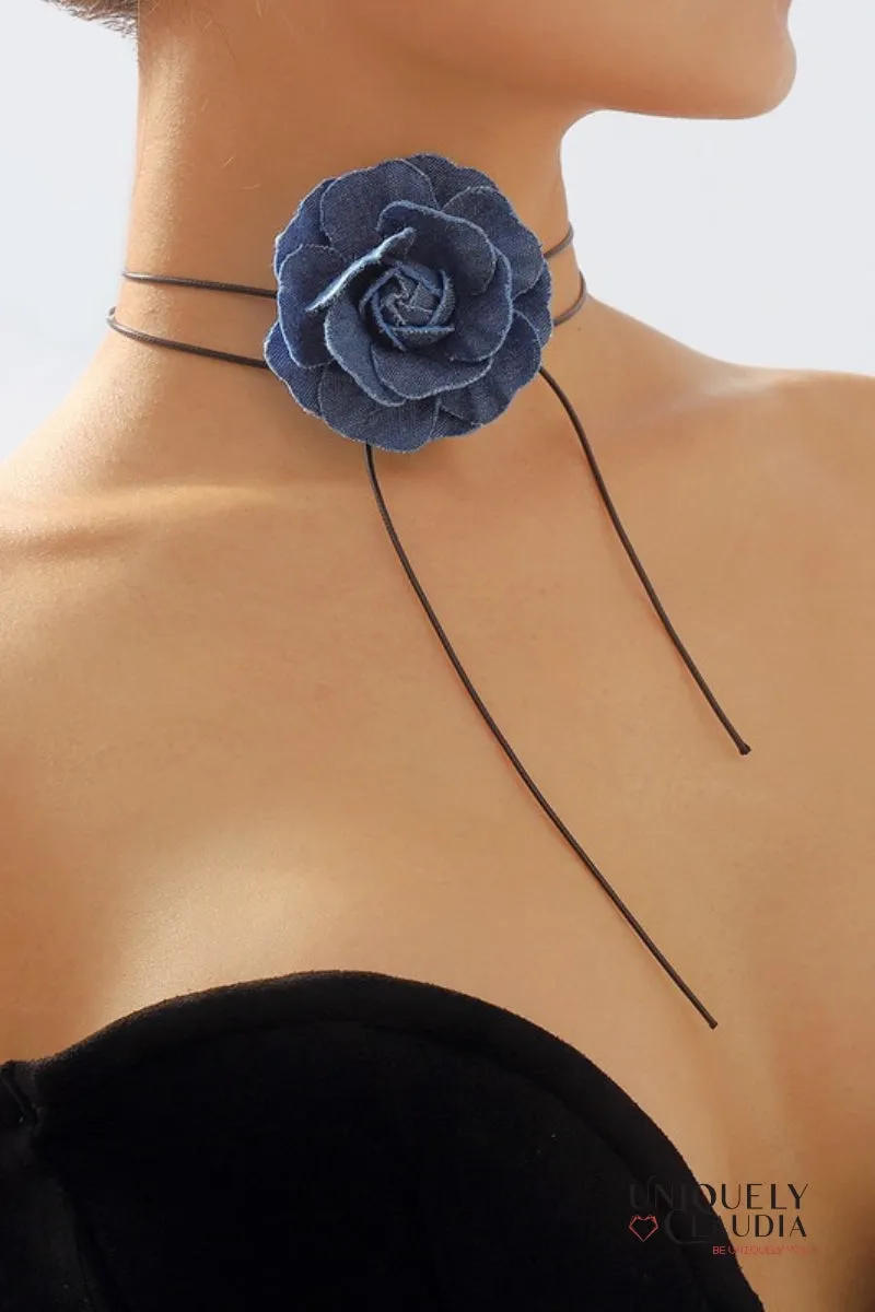 Denim Rose & Vegan Leather Choker