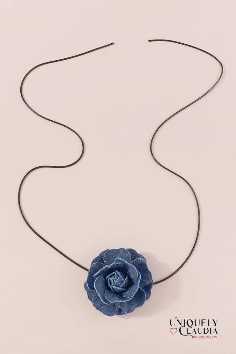 Denim Rose & Vegan Leather Choker