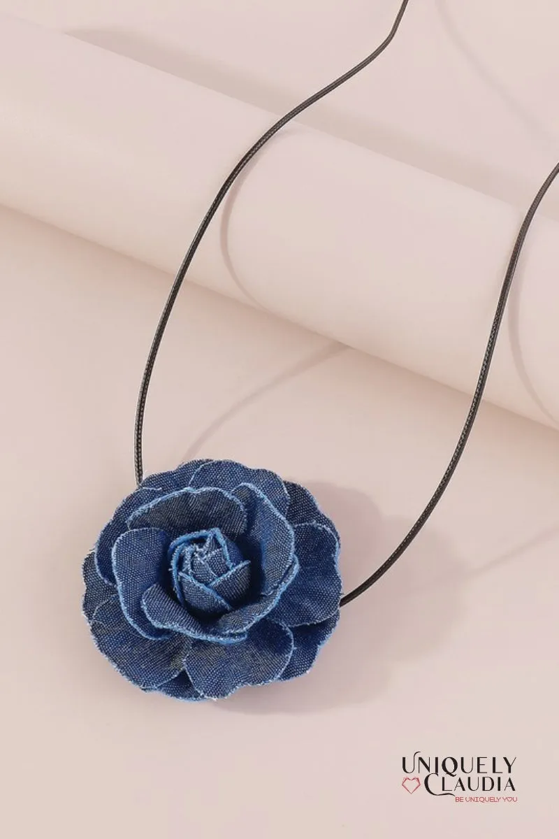 Denim Rose & Vegan Leather Choker