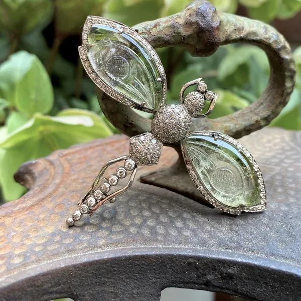 Diamond & Carved Green Stone Dragonfly Brooch