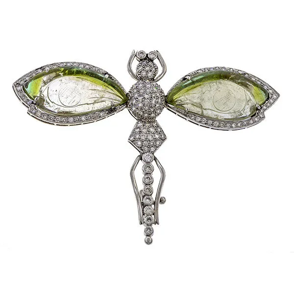 Diamond & Carved Green Stone Dragonfly Brooch