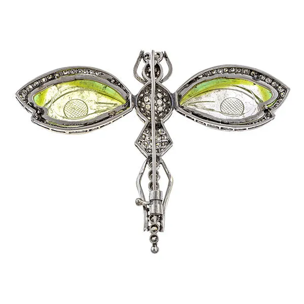 Diamond & Carved Green Stone Dragonfly Brooch