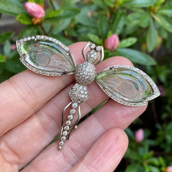 Diamond & Carved Green Stone Dragonfly Brooch