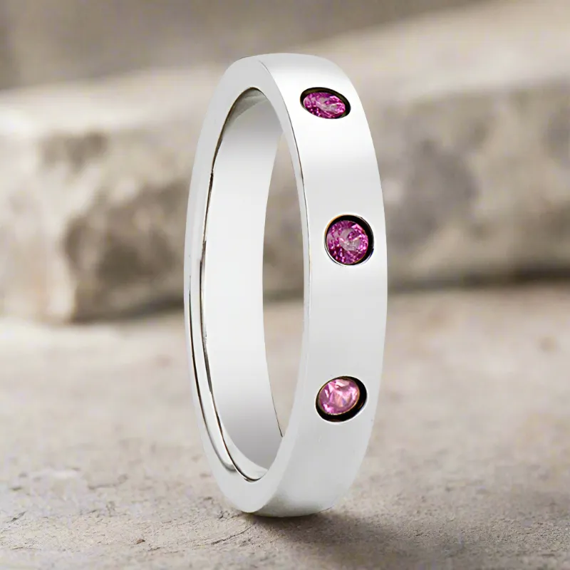 DIANA | Womens Tungsten Ring, 3 Pink Sapphires, Domed