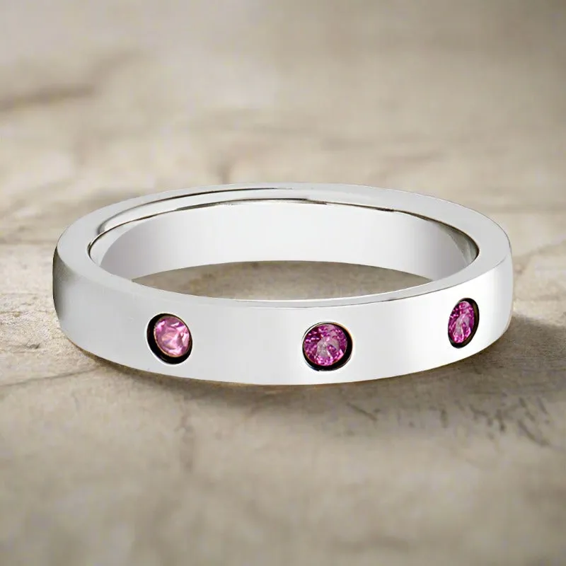 DIANA | Womens Tungsten Ring, 3 Pink Sapphires, Domed