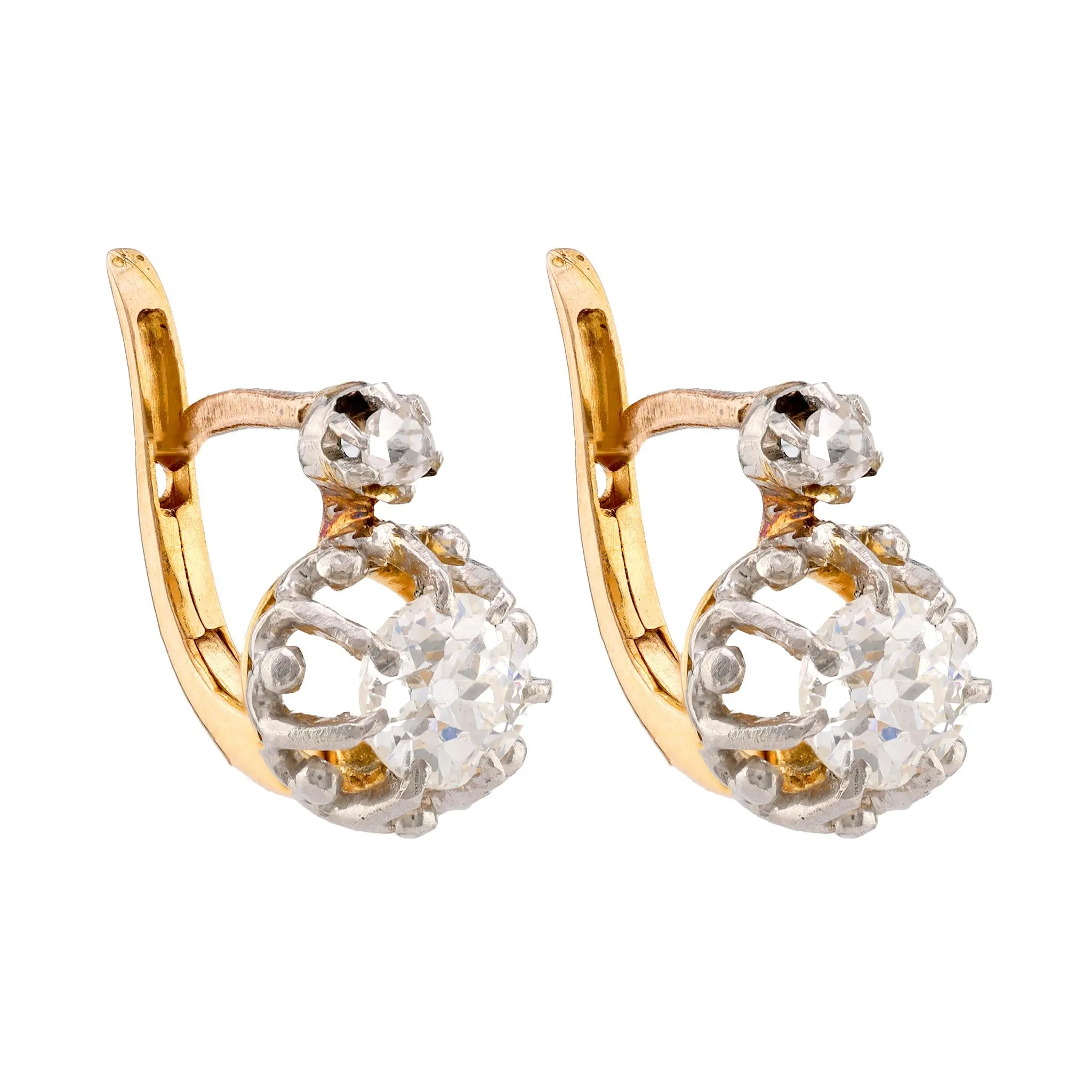 Edwardian French Diamond 18K Yellow Gold Sleeper Earrings