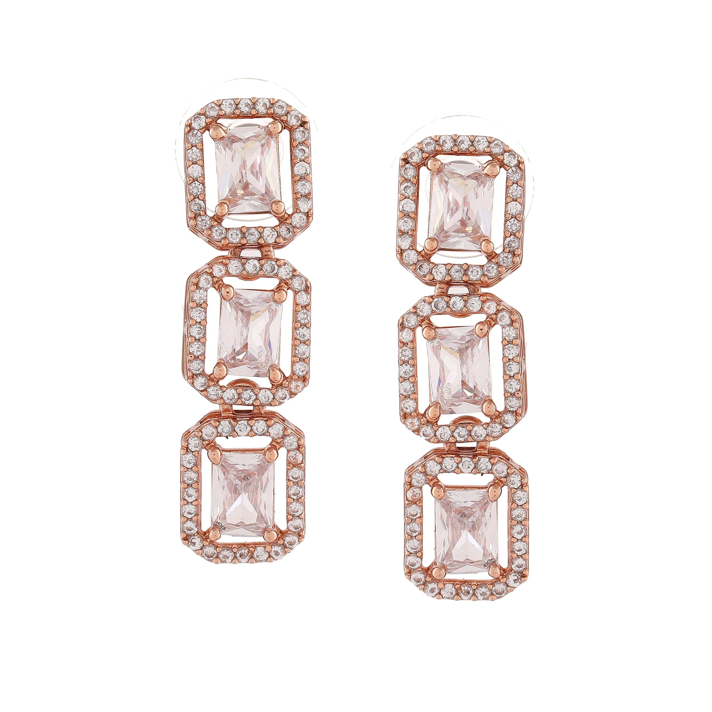 Estele Rose Gold Plated CZ Ossum Octagon Necklace Set for Women