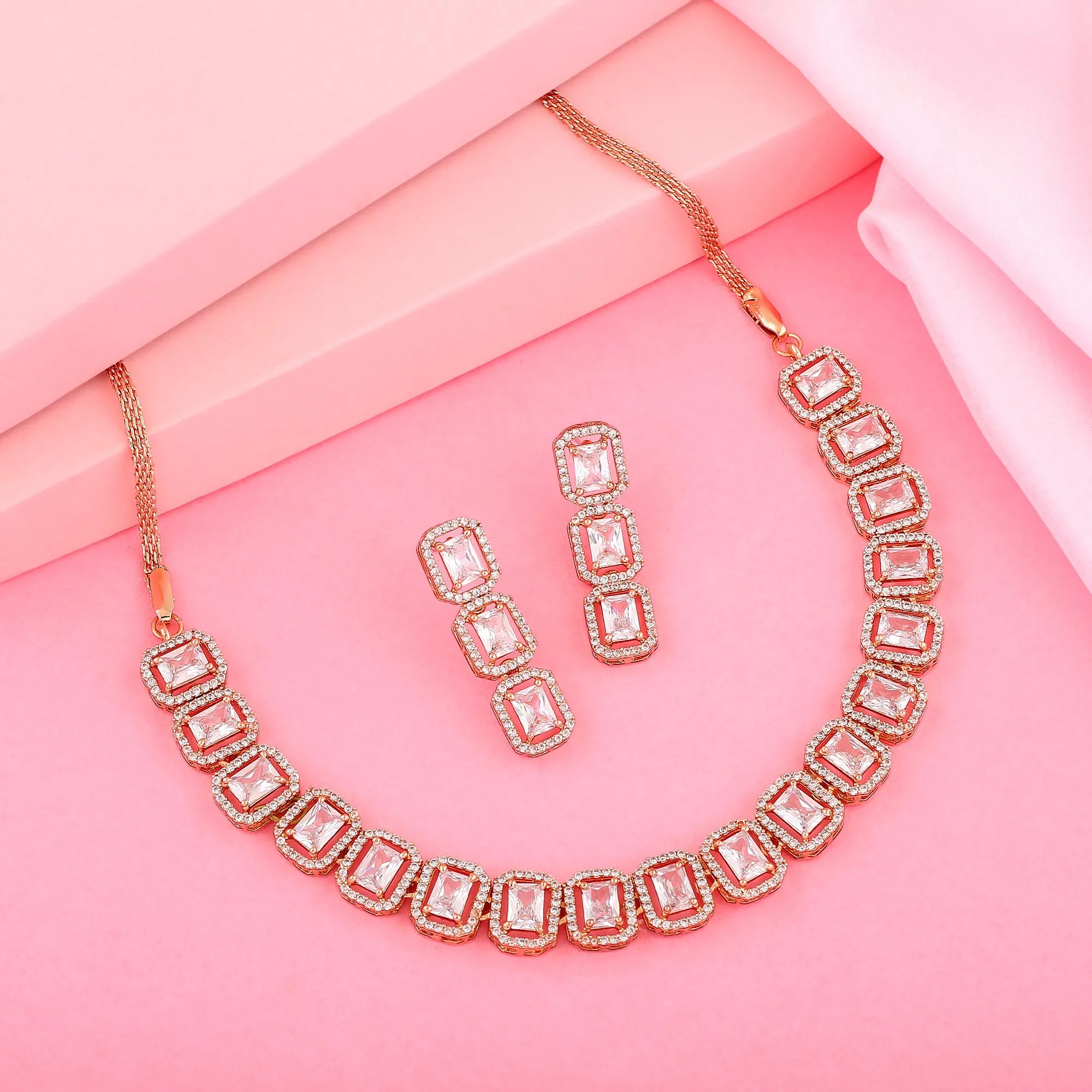 Estele Rose Gold Plated CZ Ossum Octagon Necklace Set for Women