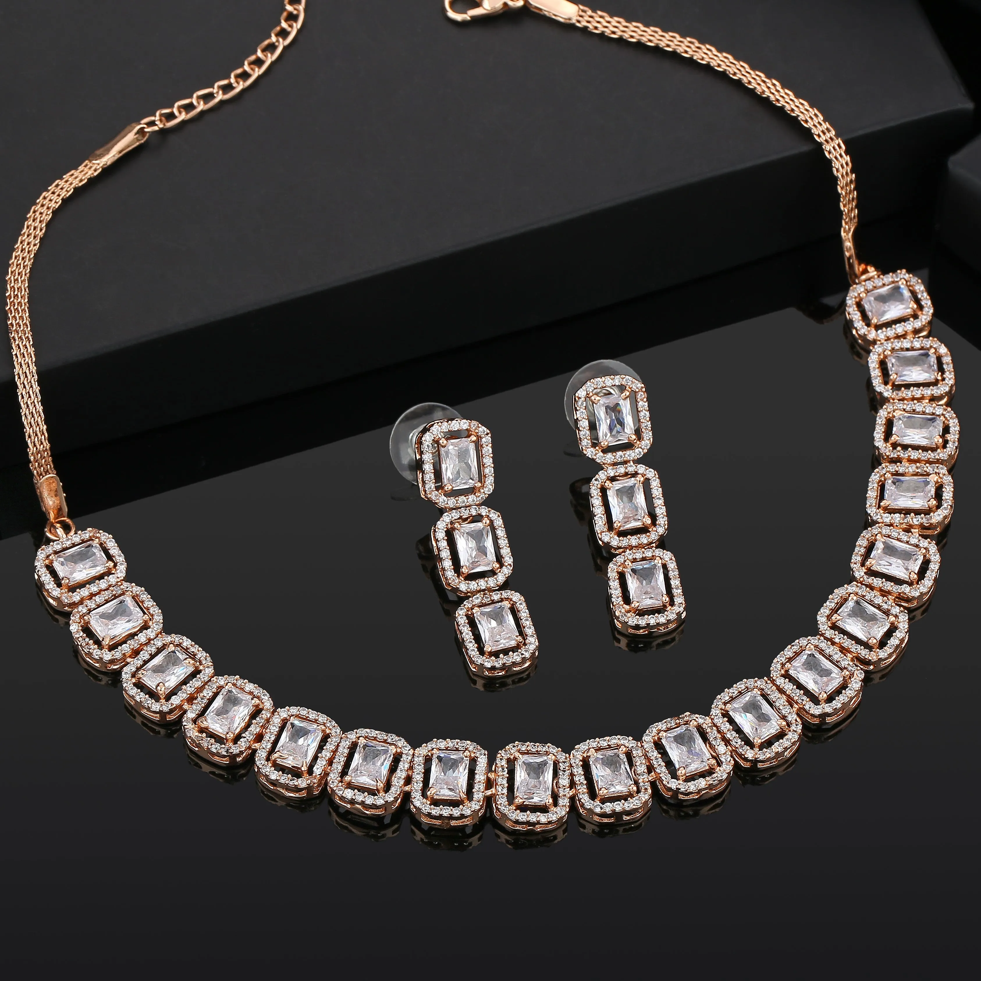 Estele Rose Gold Plated CZ Ossum Octagon Necklace Set for Women