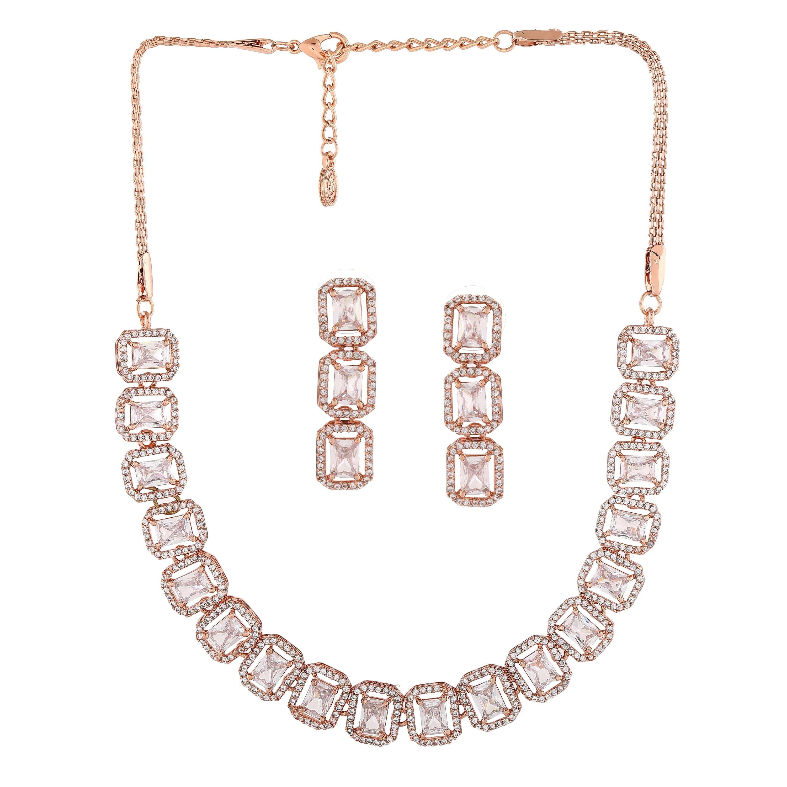 Estele Rose Gold Plated CZ Ossum Octagon Necklace Set for Women