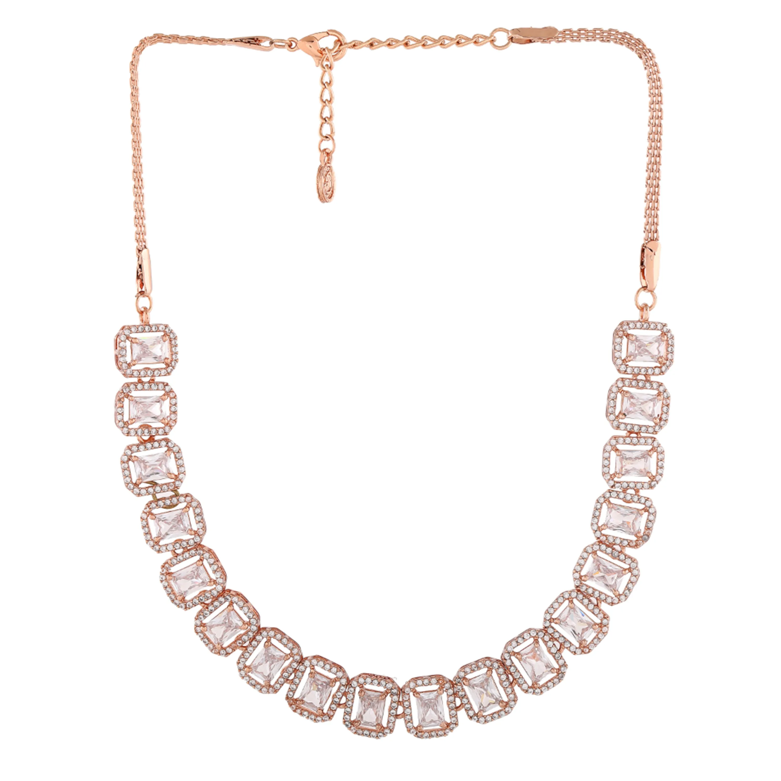 Estele Rose Gold Plated CZ Ossum Octagon Necklace Set for Women