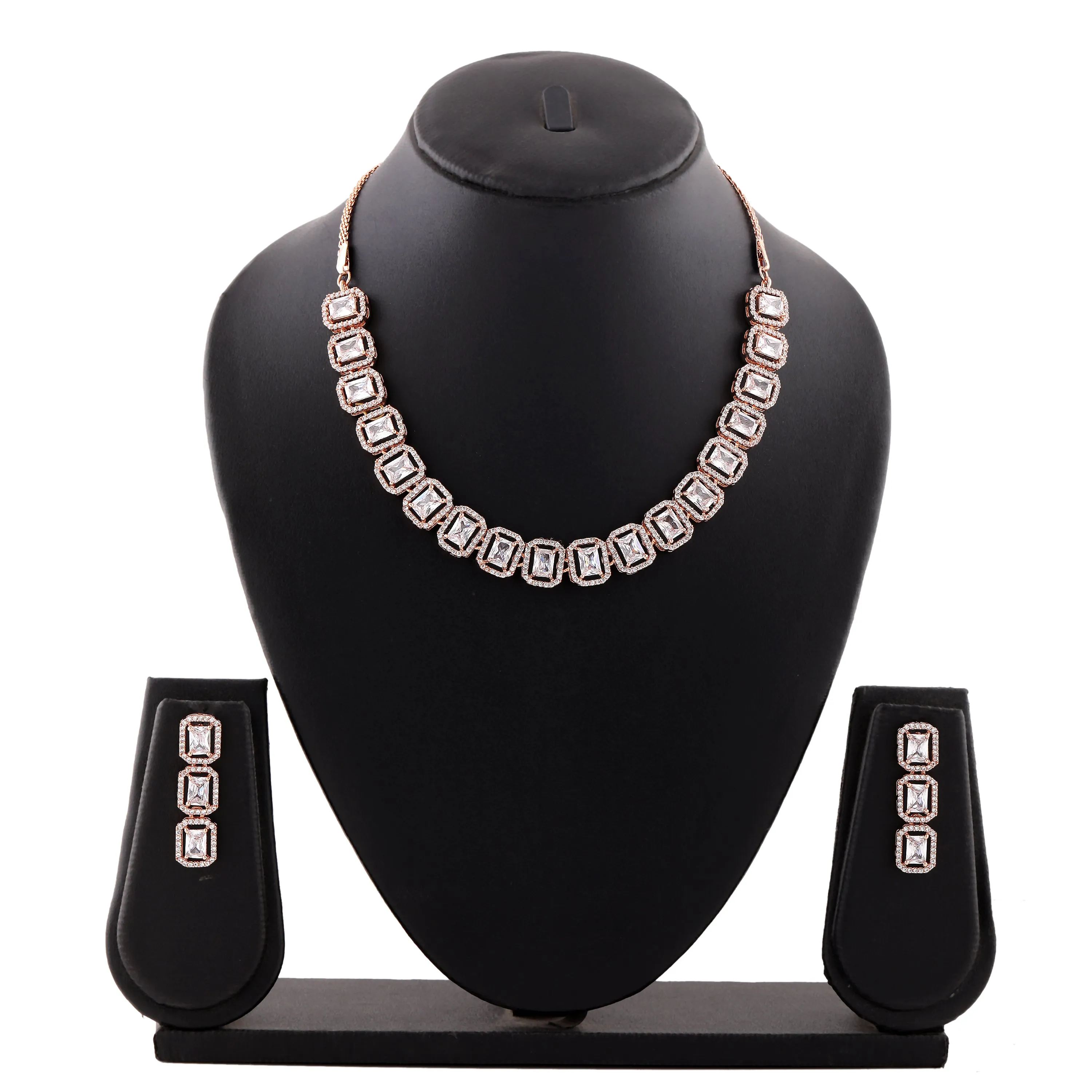 Estele Rose Gold Plated CZ Ossum Octagon Necklace Set for Women