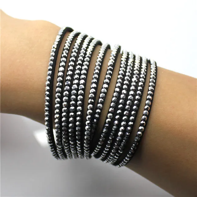 Fashion 6 Layer Wrap Bracelets Slake Leather Bracelets With Crystals Couple Jewelry womans bracelet