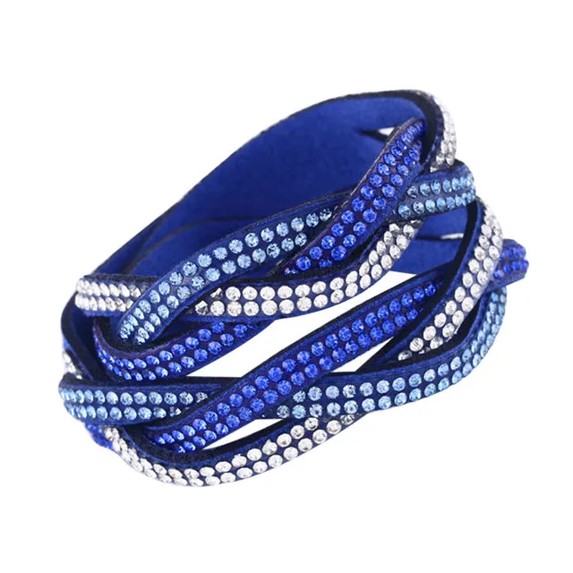 Fashion Rhinestone PU Leather Wrap Bracelet Crystal Multilayer Bracelets Bangles for Women  KQS