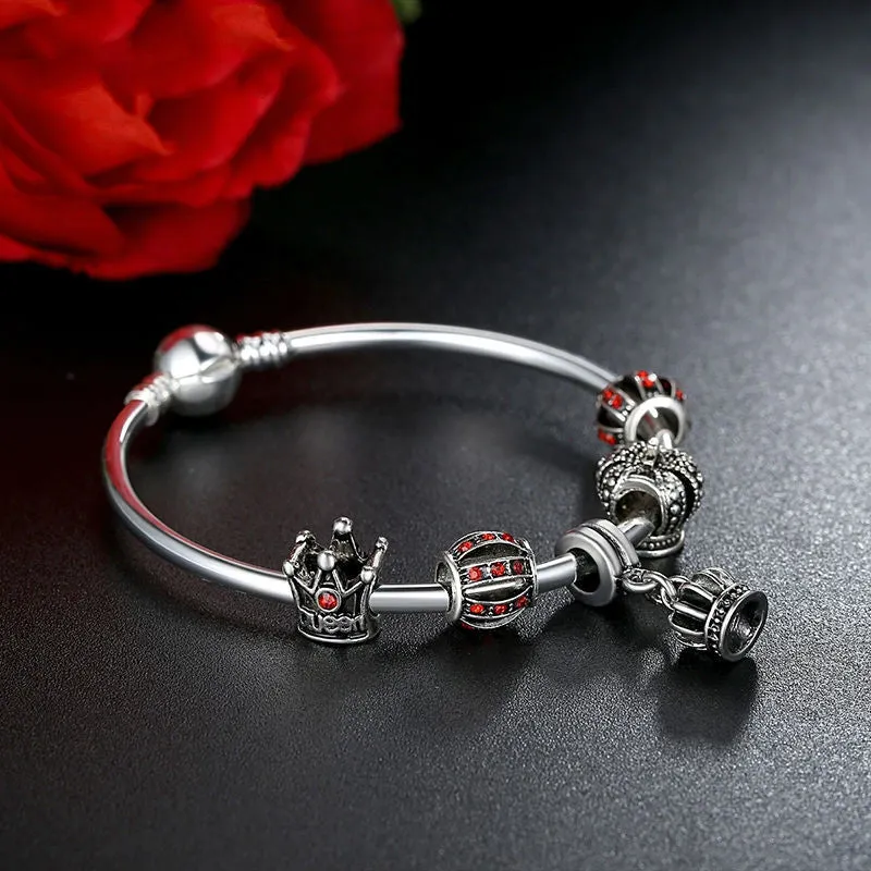 Fashion Simple 925 Silver Charm Bangle & Bracelet with Royal Crown Pendant & Red Crystal Ball Friendship Bracelet