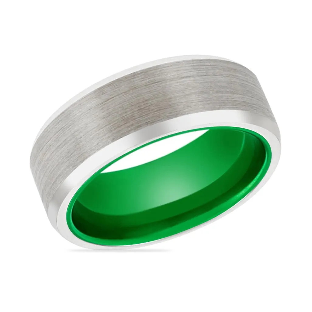 FROGGER | Green Ring, Silver Tungsten Ring, Brushed, Beveled