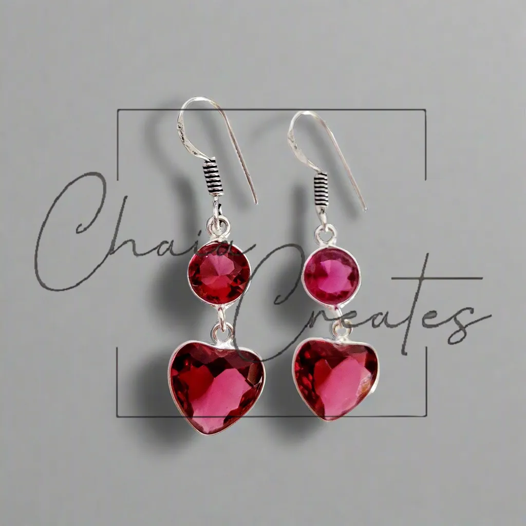 Garnet Heart Dangle Earrings in .925 Sterling Silver