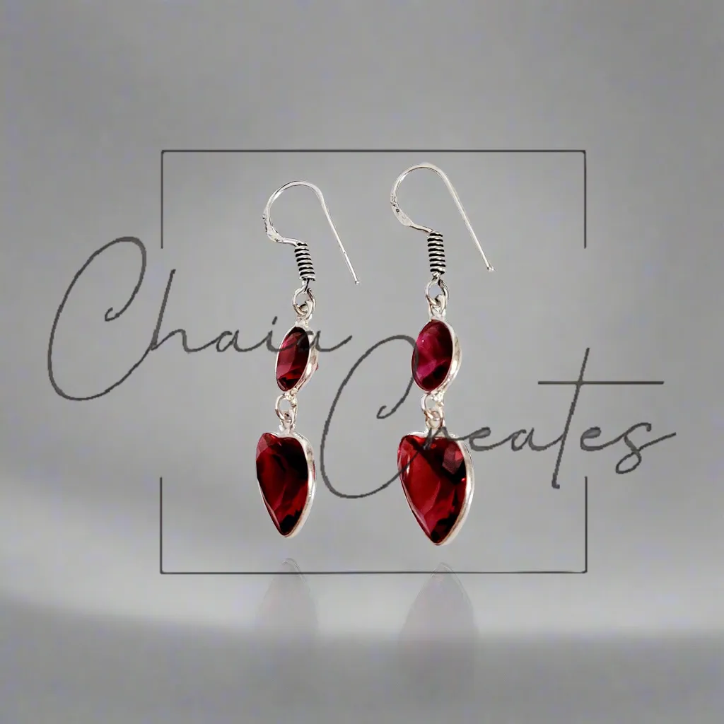 Garnet Heart Dangle Earrings in .925 Sterling Silver