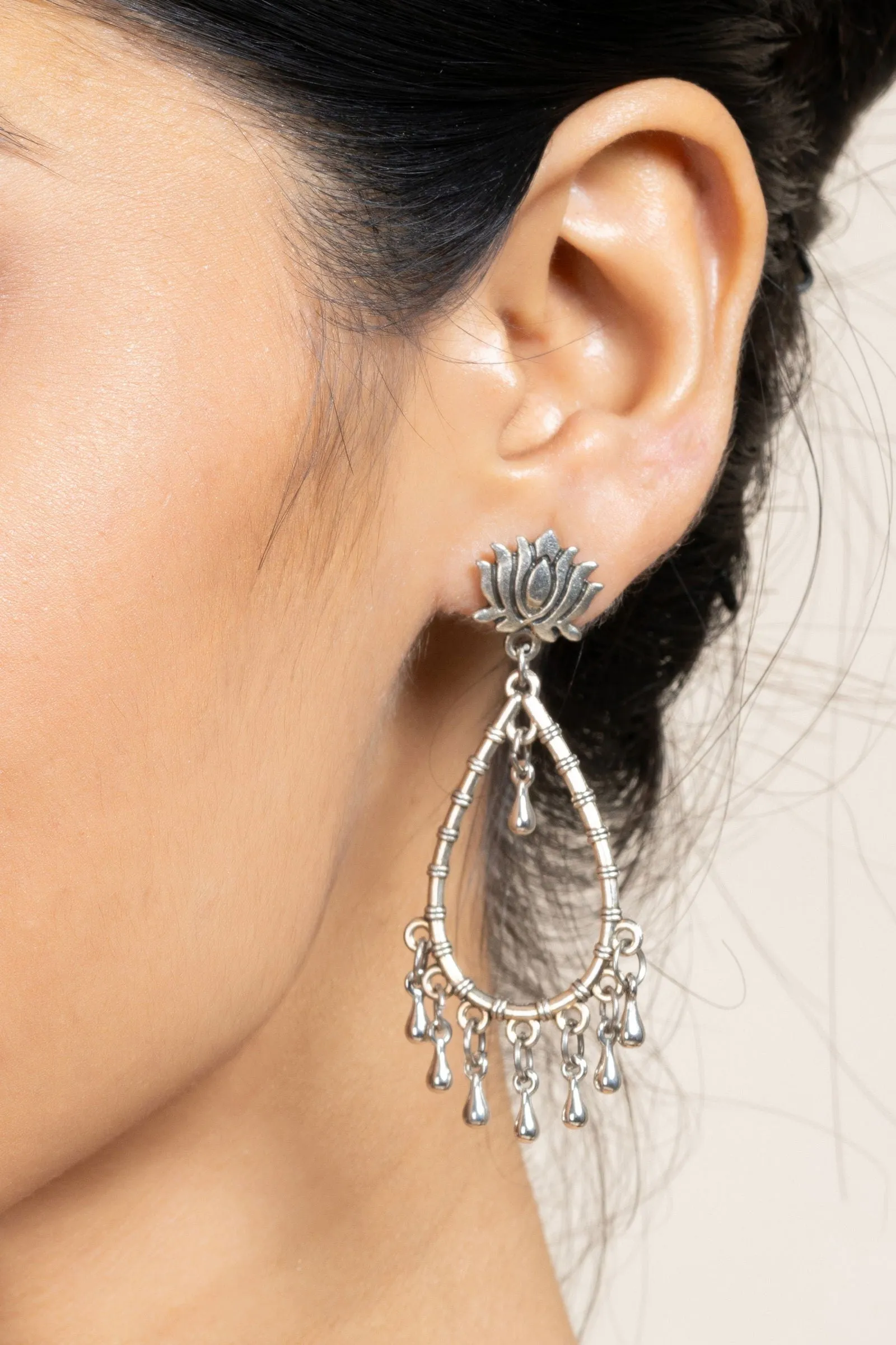 German Silver Handmade Lotus Stud Drop Chandbali Earrings for Daily and Occasional Wear