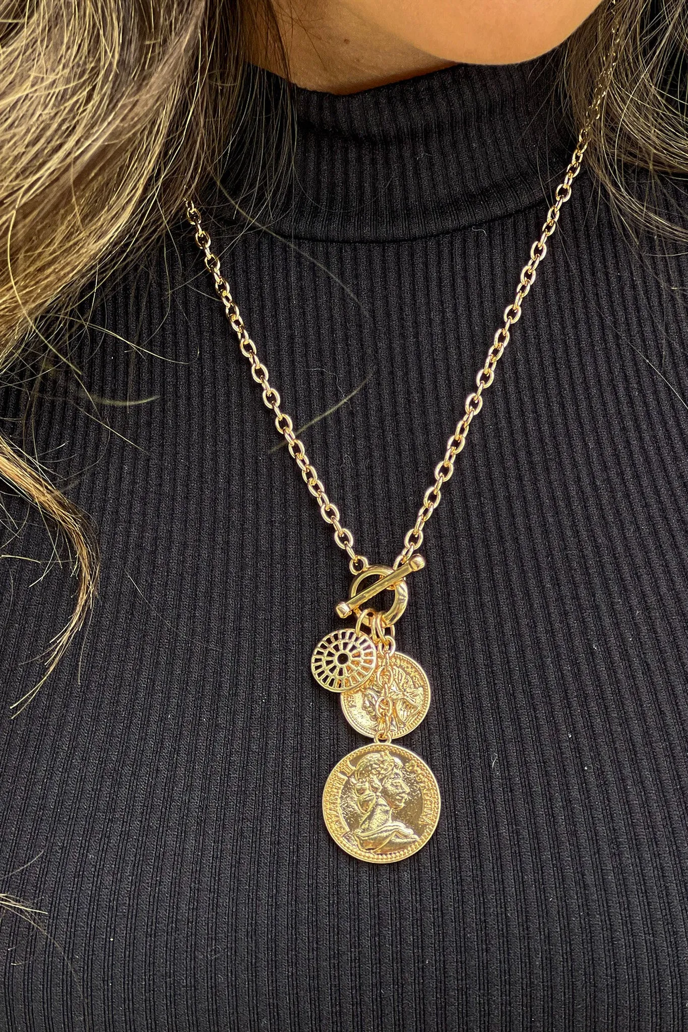 Gold Coin Charm Cluster Necklace