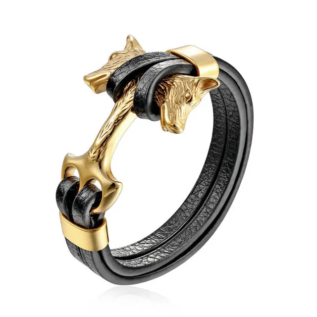 Gold Leo Stainless Steel Anchor Black Leather Men Bracelets