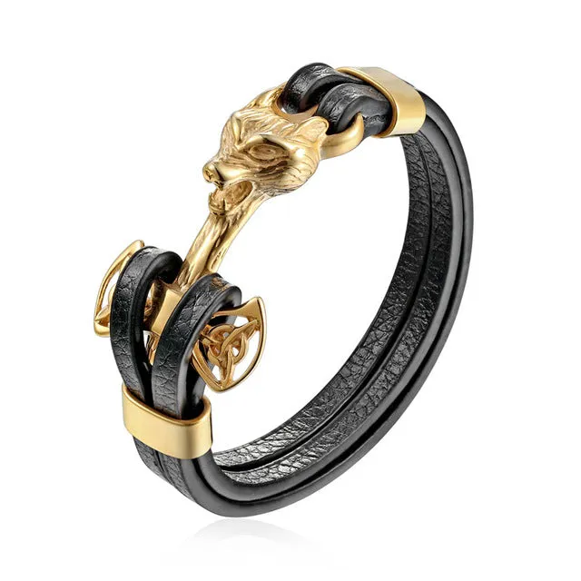 Gold Leo Stainless Steel Anchor Black Leather Men Bracelets