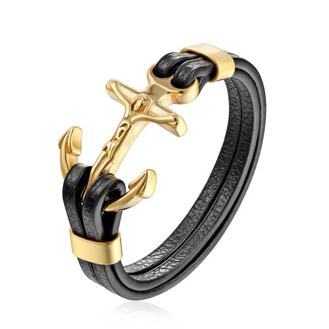 Gold Leo Stainless Steel Anchor Black Leather Men Bracelets