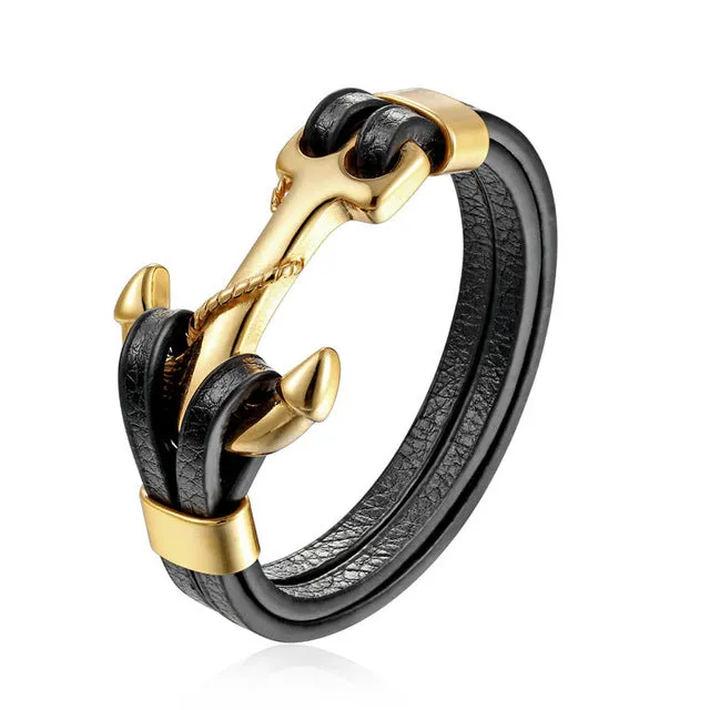 Gold Leo Stainless Steel Anchor Black Leather Men Bracelets