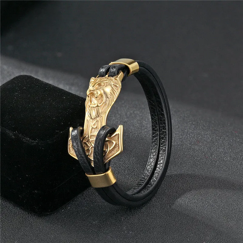 Gold Leo Stainless Steel Anchor Black Leather Men Bracelets