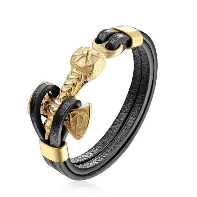 Gold Leo Stainless Steel Anchor Black Leather Men Bracelets