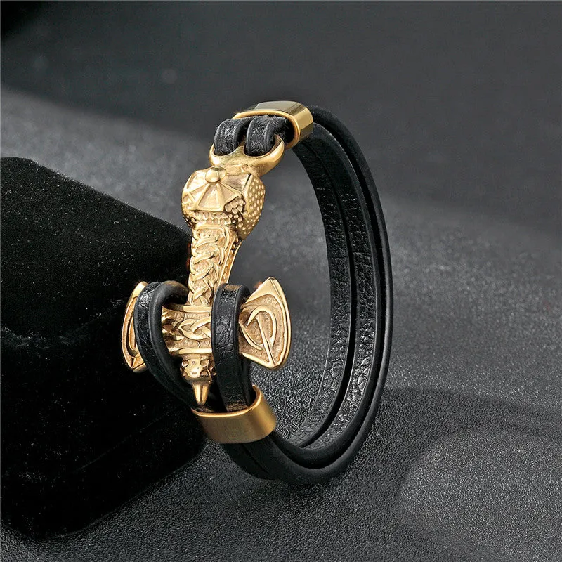 Gold Leo Stainless Steel Anchor Black Leather Men Bracelets