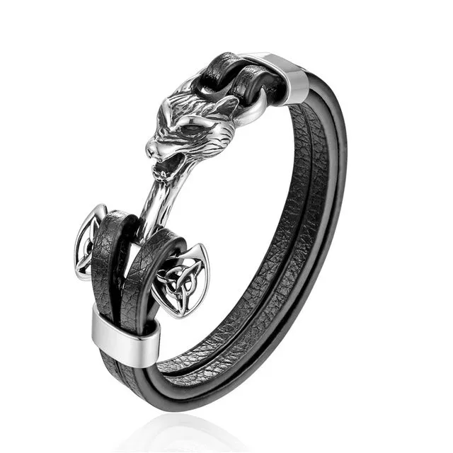 Gold Leo Stainless Steel Anchor Black Leather Men Bracelets