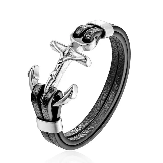 Gold Leo Stainless Steel Anchor Black Leather Men Bracelets