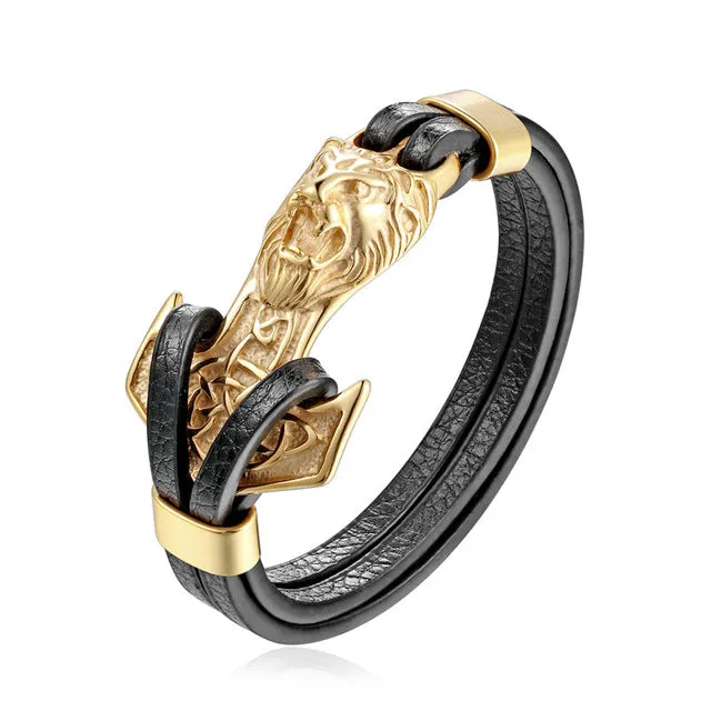 Gold Leo Stainless Steel Anchor Black Leather Men Bracelets