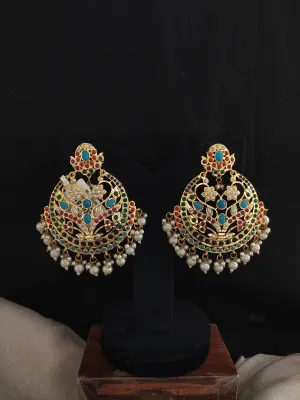 Gold-plated Nizami Chandbali Earrings in Navaratna, Ruby, and Pearls