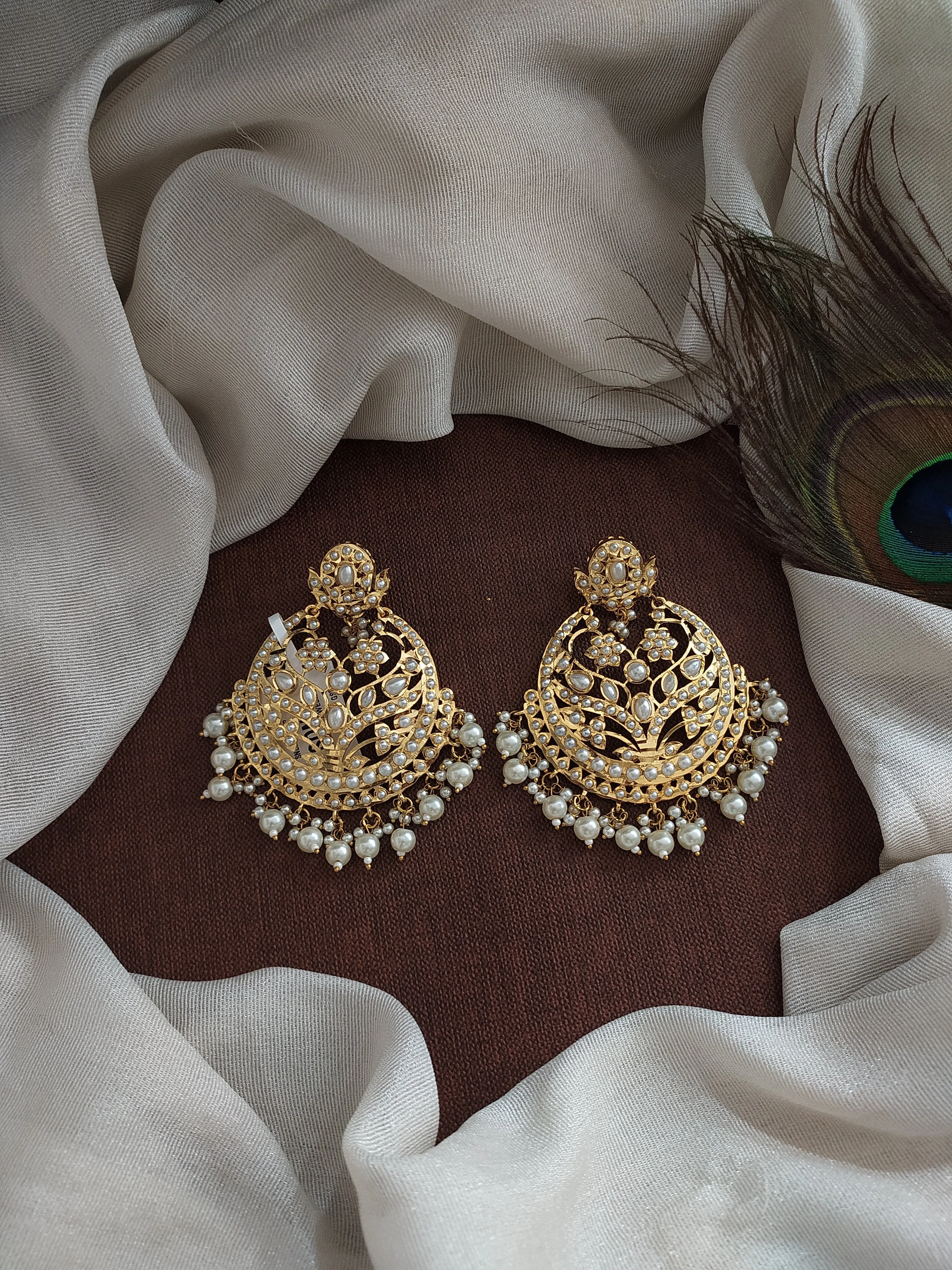 Gold-plated Nizami Chandbali Earrings in Navaratna, Ruby, and Pearls