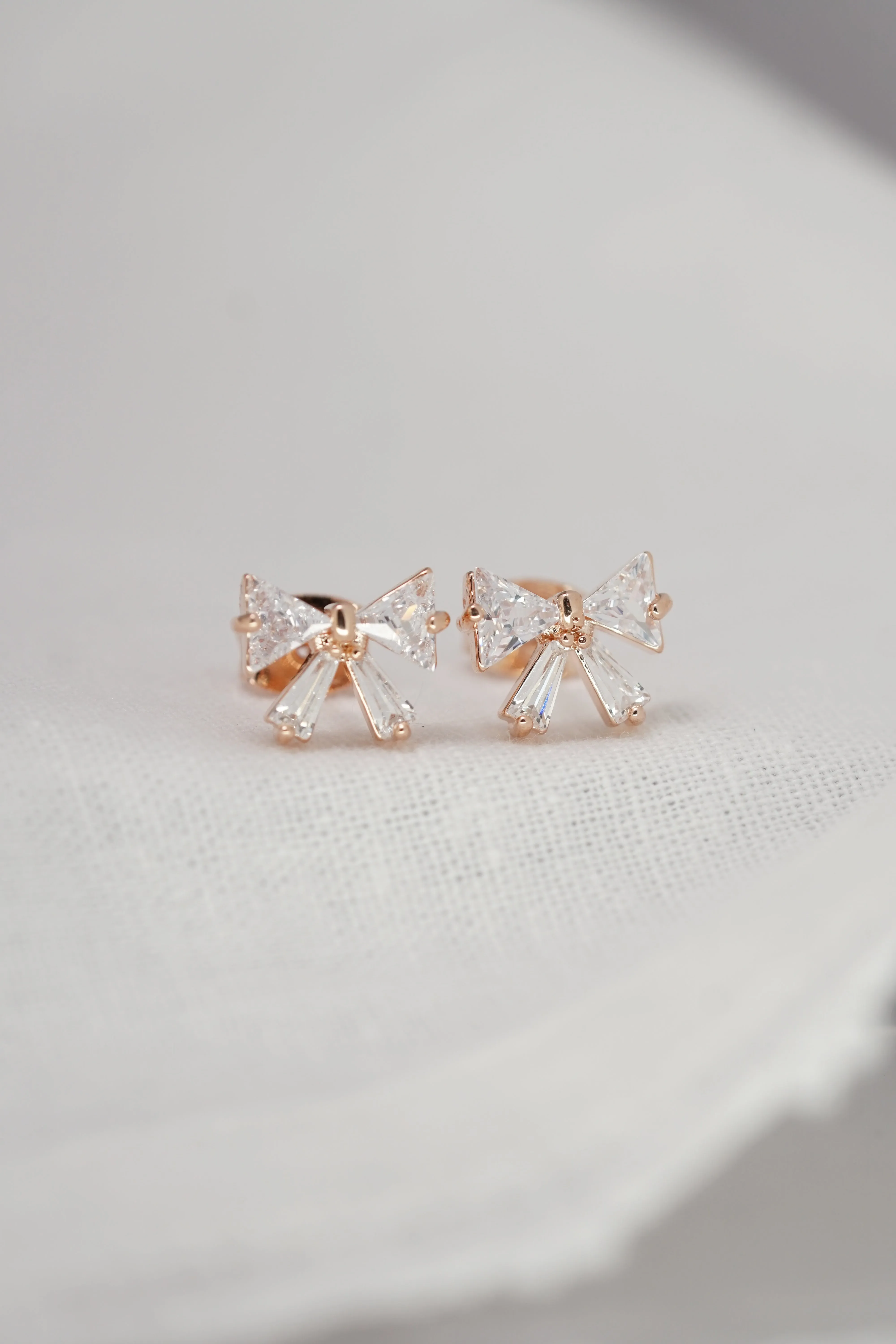 Gold Plated Ribbon Tie CZ Stone Silver Stud Earring