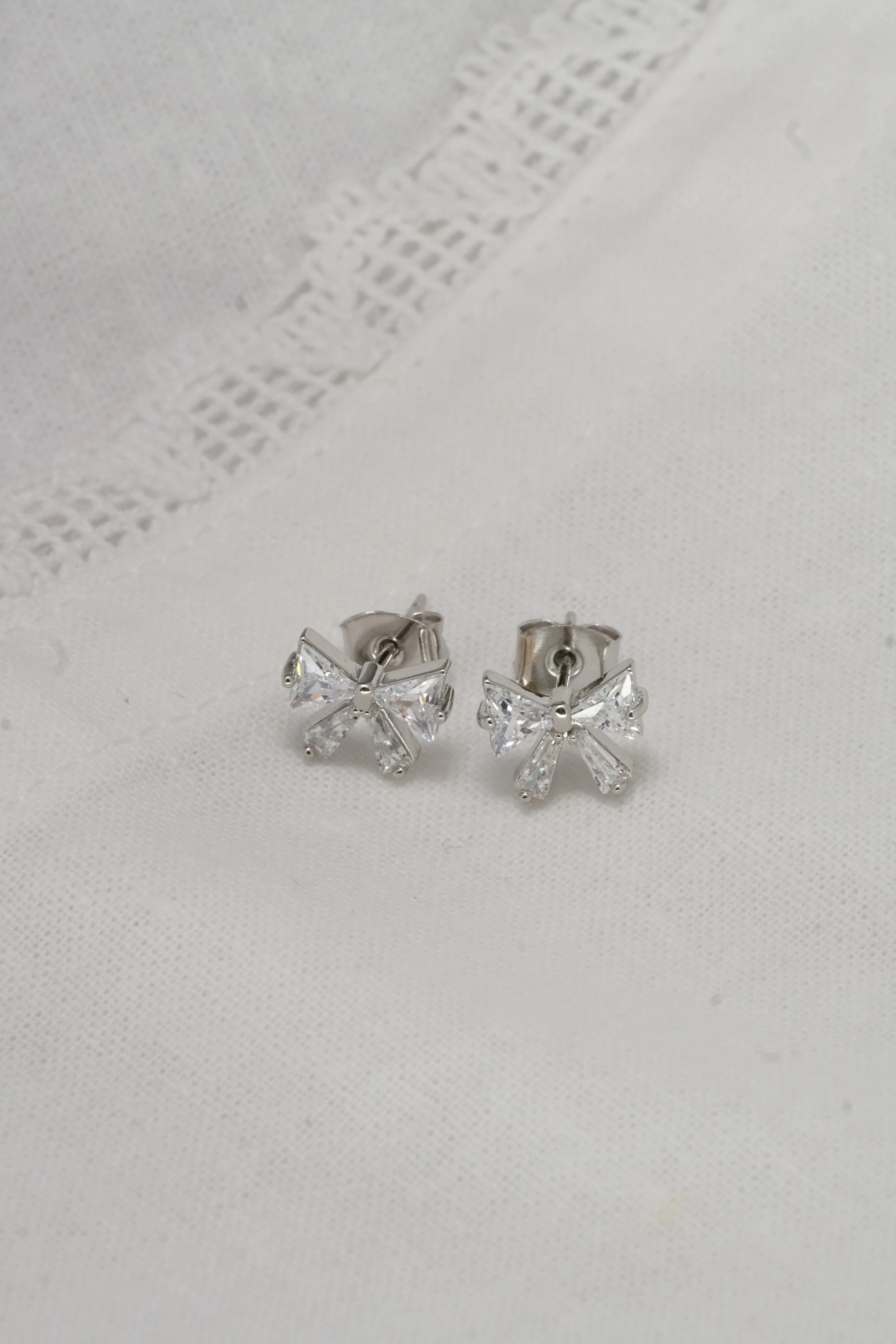 Gold Plated Ribbon Tie CZ Stone Silver Stud Earring