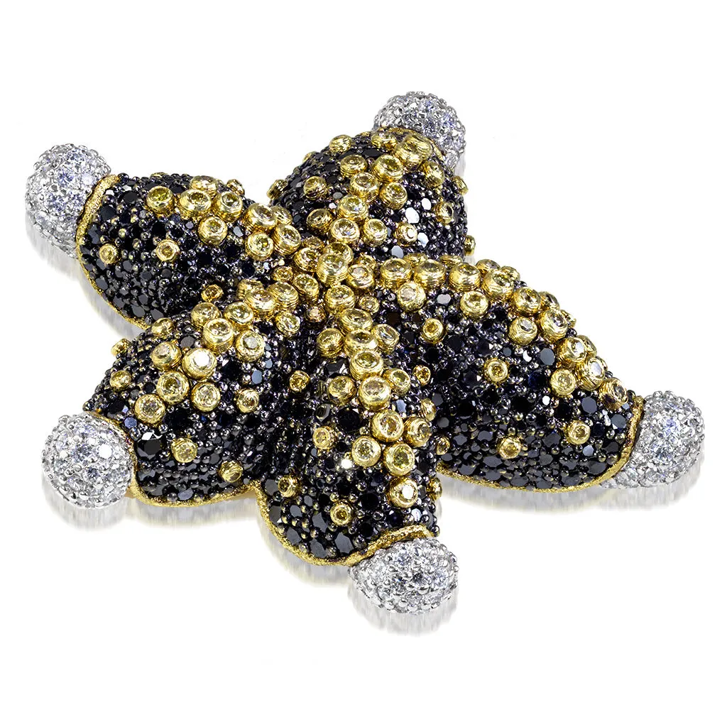 Gold Starfish Brooch with Black Diamonds and Sapphires