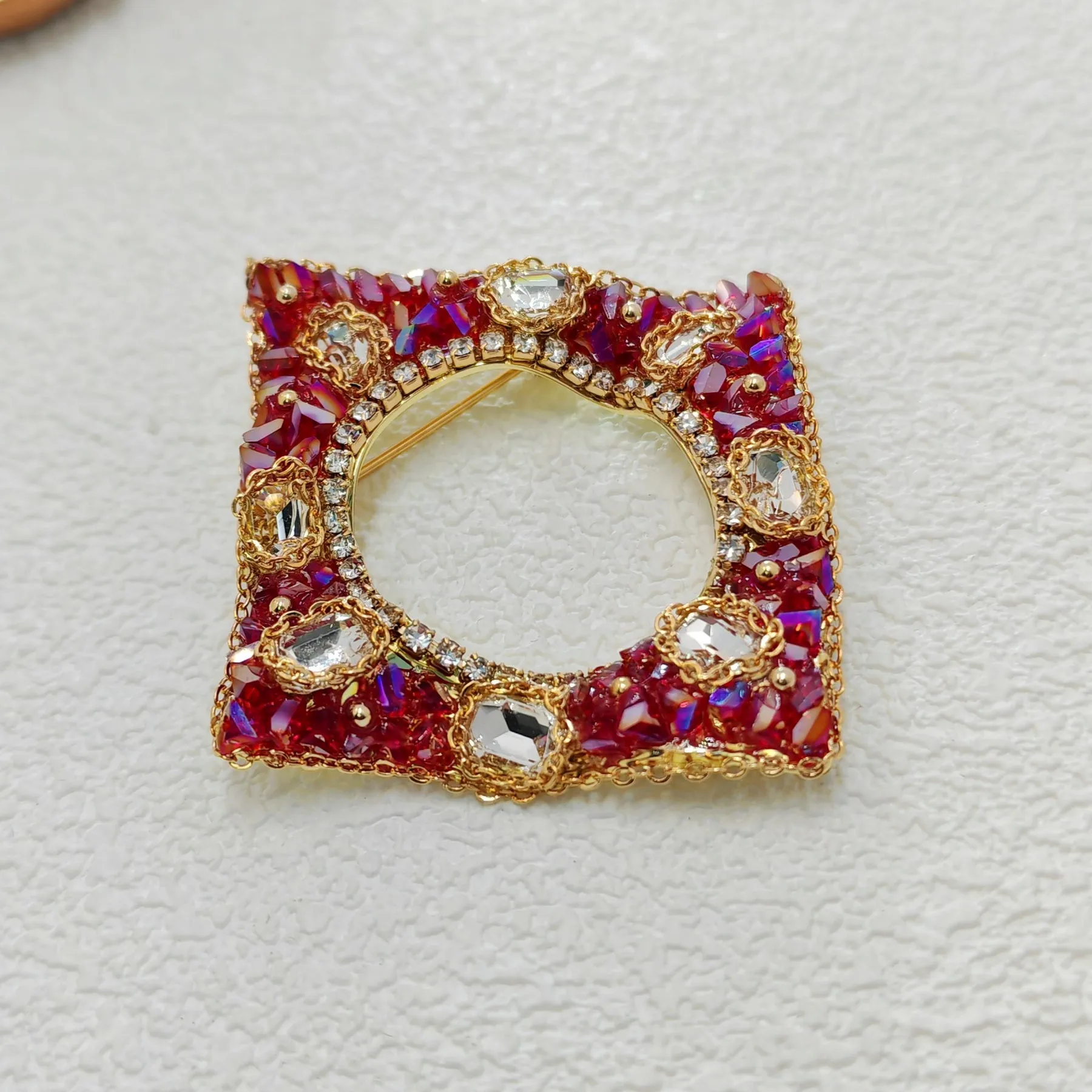 Gorgeous Opens Pink and Purple Rhinestone Irregular Square Brooch Pin