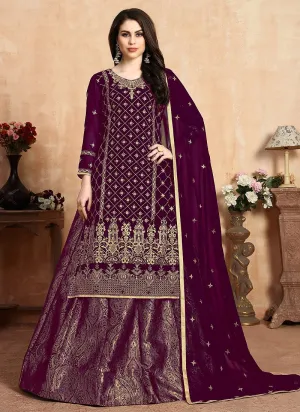 Graceful Purple Embroidered Georgette Wedding Lehenga Suit