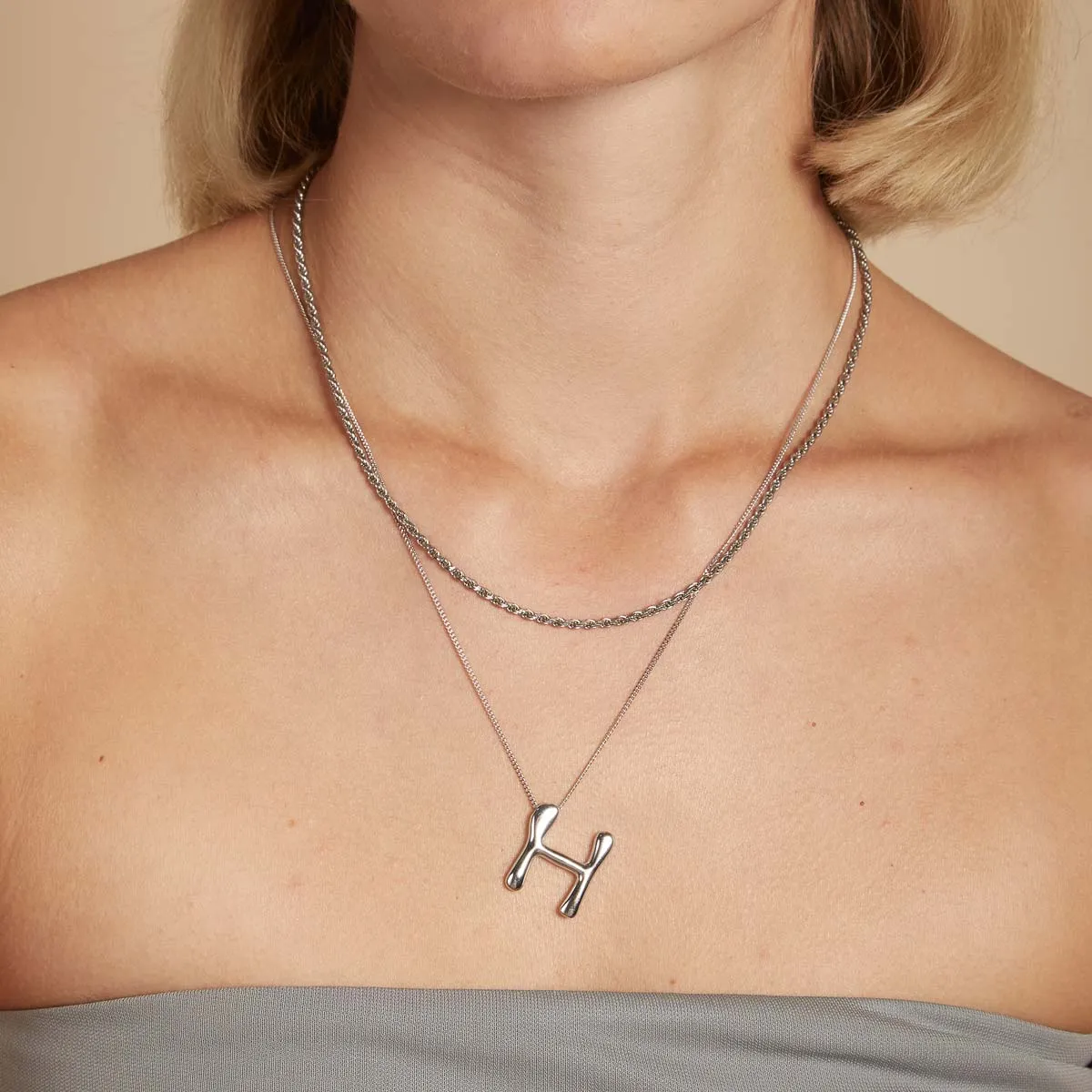 H Initial Bold Pendant Necklace in Silver