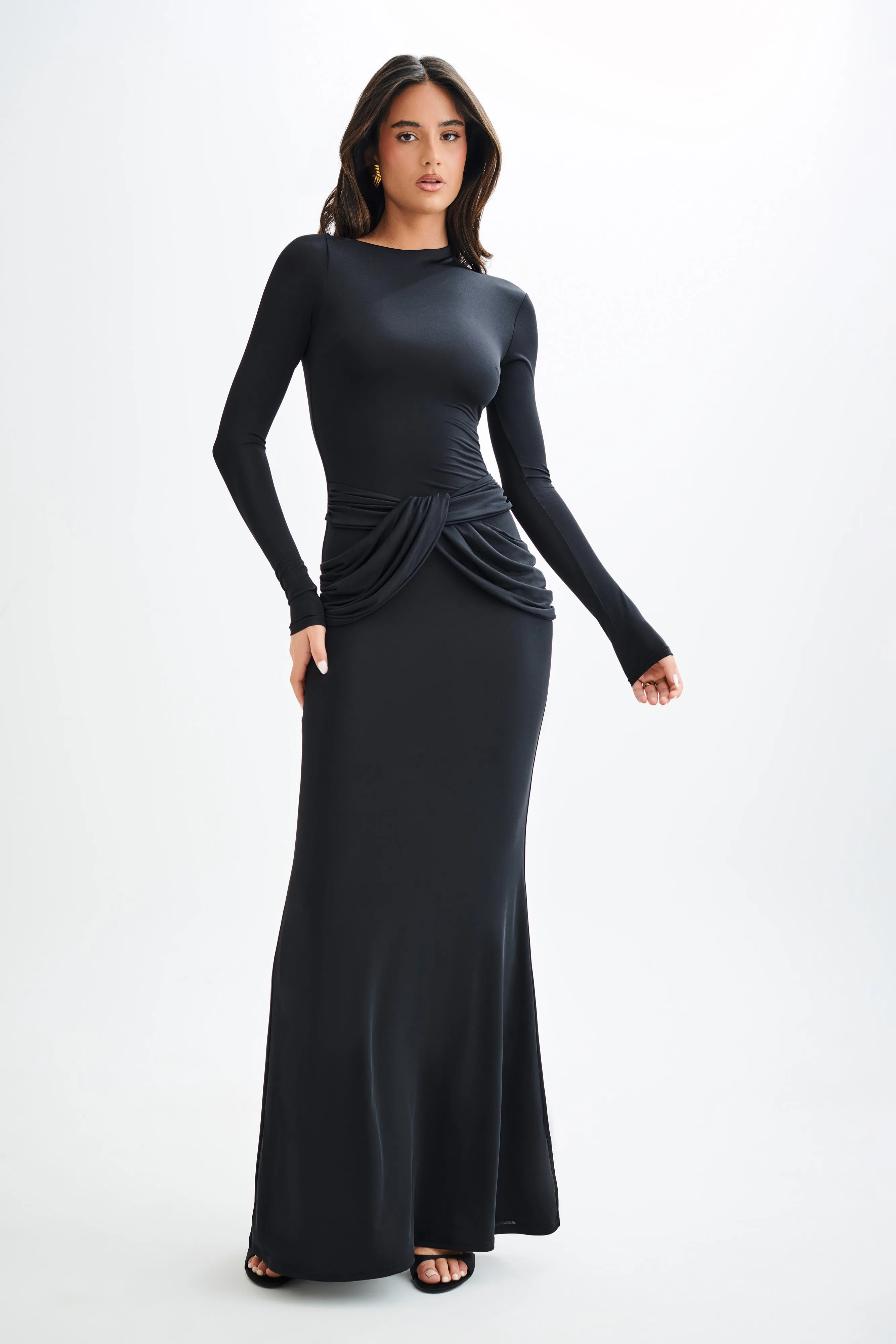 Halcyon Long Sleeve Slinky Maxi Dress - Black