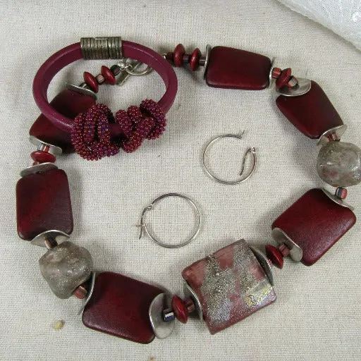 Handmade Raku, Wood and Licorice Leather Jewelry Set in Maroon