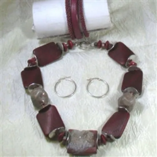 Handmade Raku, Wood and Licorice Leather Jewelry Set in Maroon