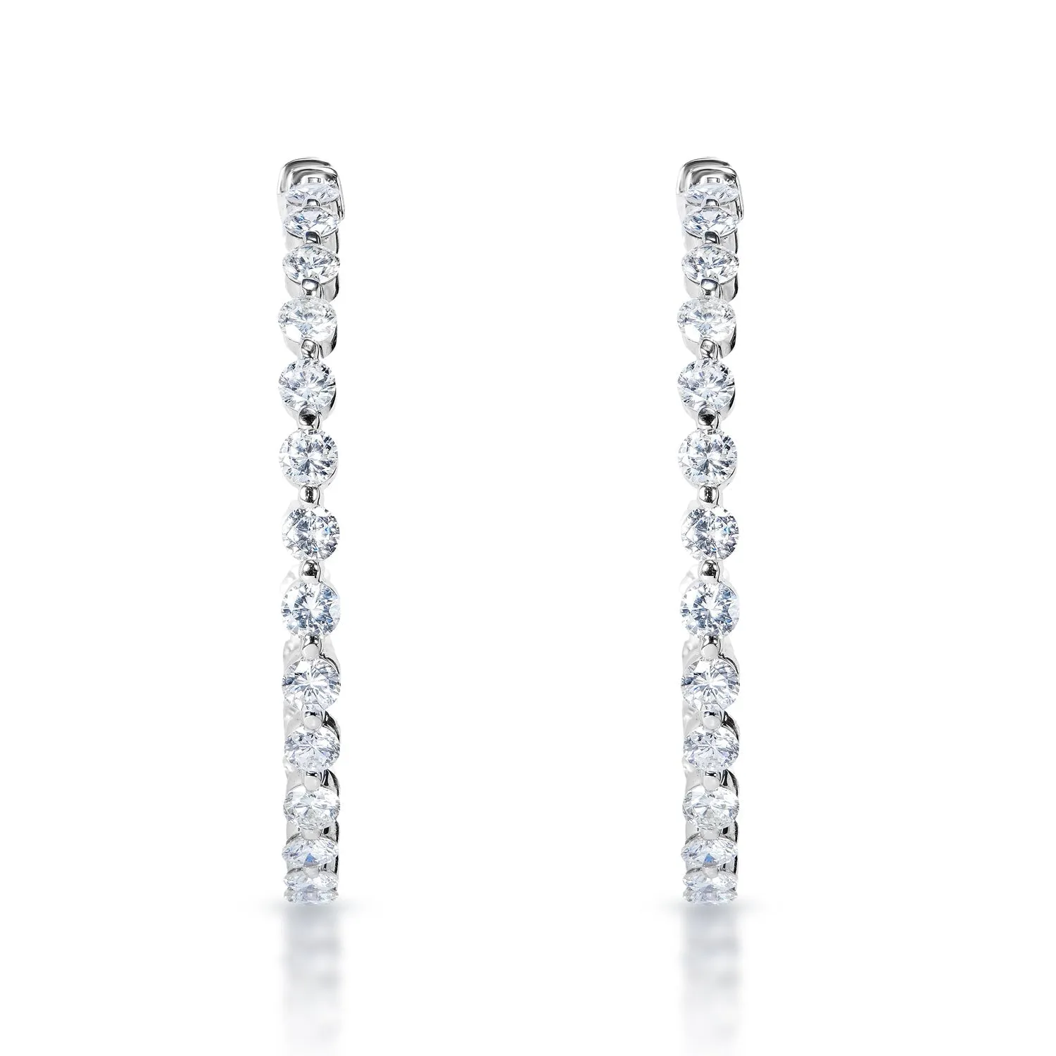 Karissa 10 Carat Round Brilliant Single Prong Diamond Hoop Earrings Inside and Out in 18k White Gold