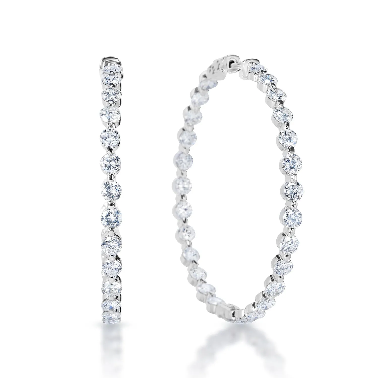 Karissa 10 Carat Round Brilliant Single Prong Diamond Hoop Earrings Inside and Out in 18k White Gold