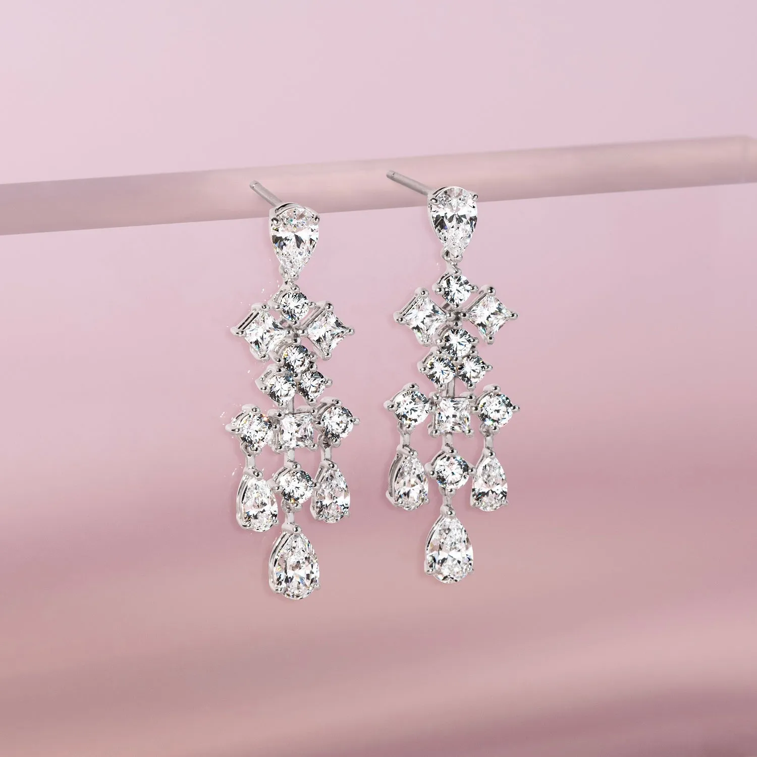 Laureate: Silver rhodium plated multi-shaped CZ teardrop dangle earrings