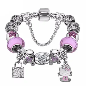 Lovely Girls Jewelry Silver Plated 925 Women Bracelet Pink&Blue Murano Glass Beads Crystal Hello Kitty Charms Bracelet for Women